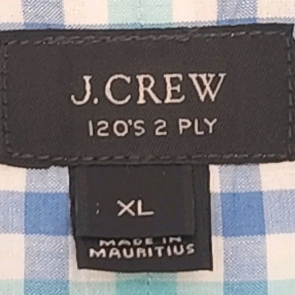 J Crew Shirt 120s 2-Ply Blue White Check Plaid Men Sz XL Button Long Slv Cotton